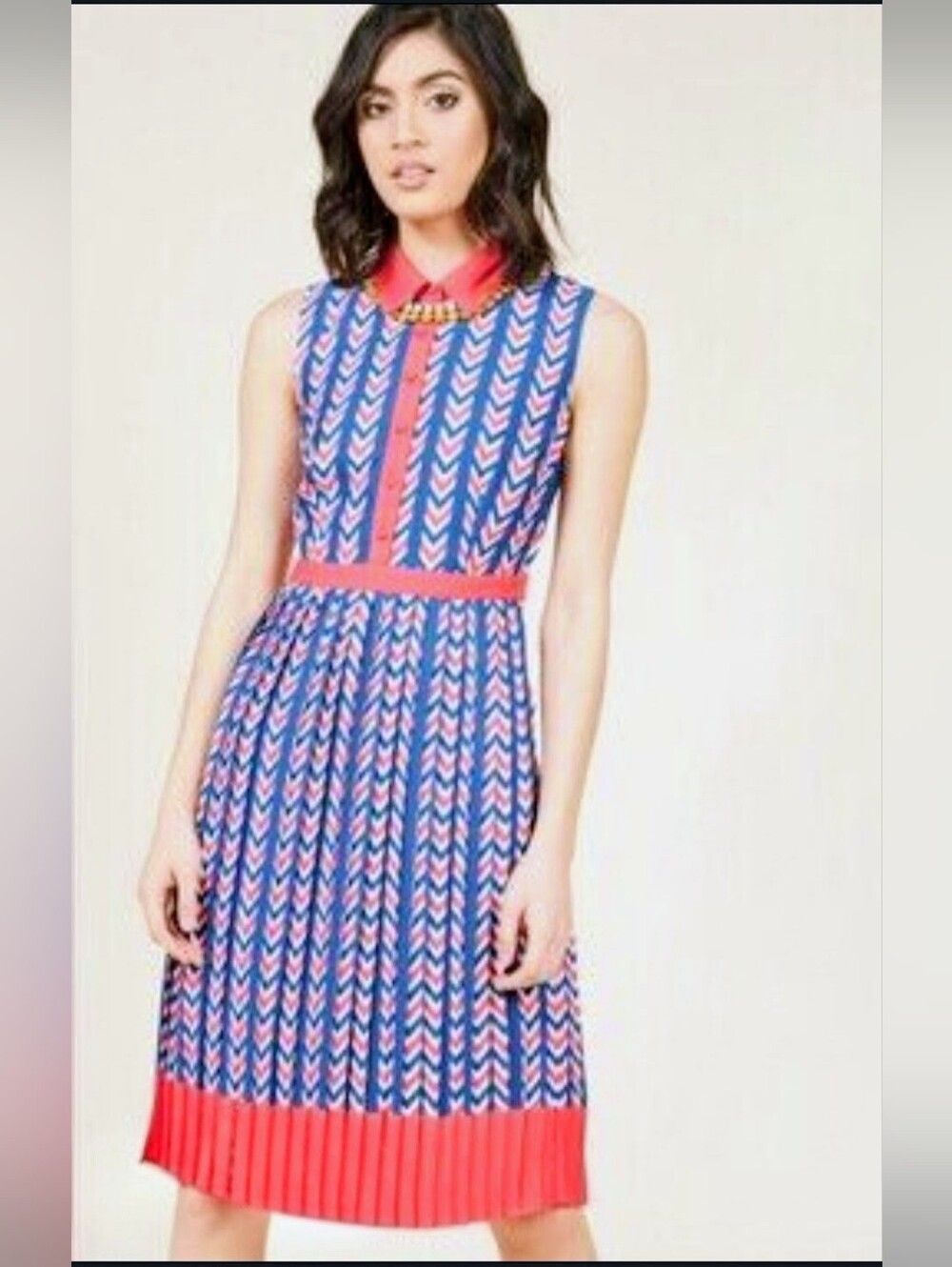 ModCloth Blue and Pink Chevron Pleated Collar Dress